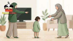 Ilustrasi ibu bapa membimbing anak kecil dengan kasih sayang manakala nenek memerhati dari belakang dalam suasana ruang tamu keluarga Malaysia